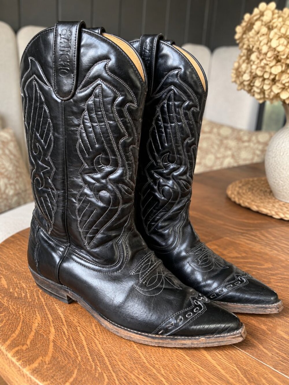 Vintage Sancho Black Leather Western Cowboy Boots in EU 38 – Made in Spain